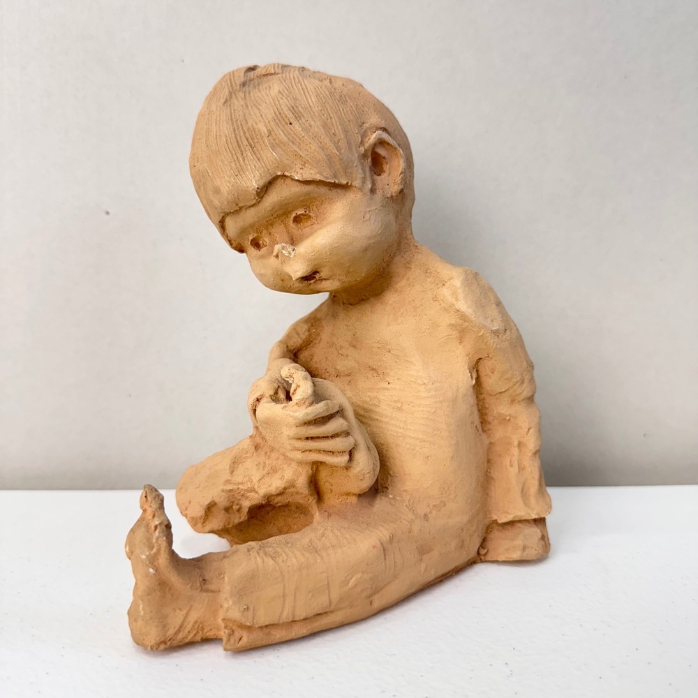 Vintage 70s Clay Sculpture Dave Grossman Boy Holding Foot Ugly Face Folk Art